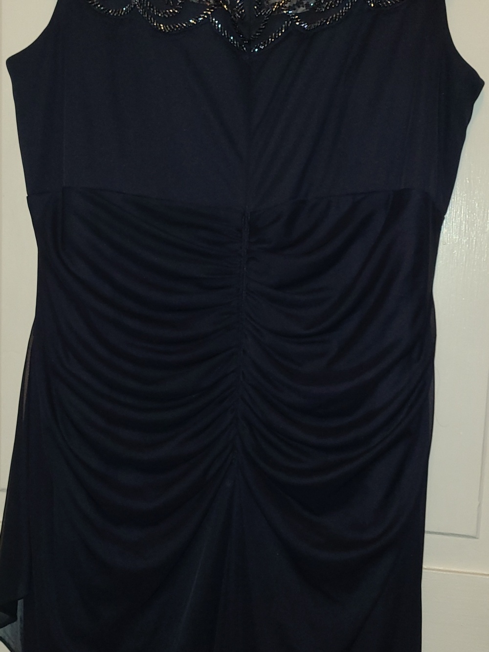 Xscape Navy Beaded Illusion Yoke Evening Gown - Picture 9 of 12